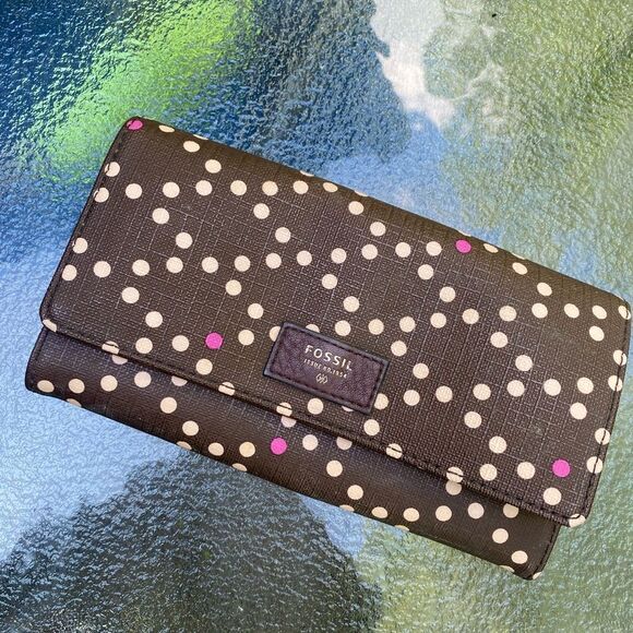 Fossil polka dot wallet trifold brown leather portfolio - Picture 1 of 5